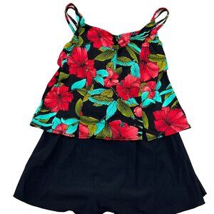 Penbrooke Swimsuit Women 14‎ Black Red Poppy Skirt Tankini 1pc Pad Bra